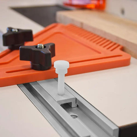Flat Out Solid Featherboard Locking Kit Featuring Heavy Duty Anodized Aluminum Miter T Bars for secure workholding on a table saw.