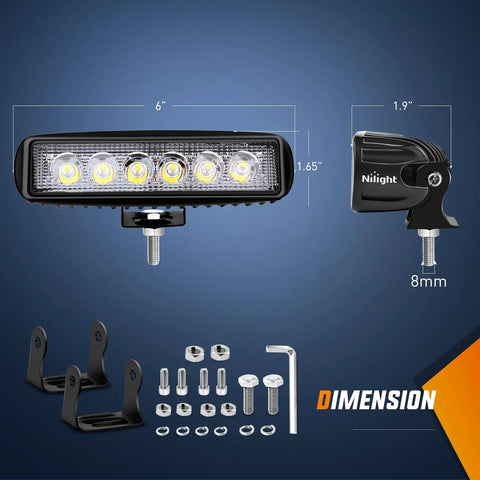 Beefy 4 Pack 18W Six Inch Flood LED Pods Waterproof Off Road Fog Light Bar With 16AWG Wiring Harness Kit For Boat SUV ATV 4WD Car Truck Golf Cart 12V 24V Four Leads, 6-inch pod and mounting hardware