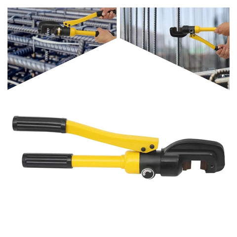 Portable Hydraulic Crimping Tool And Rebar Cutter with dual black and yellow handles, designed for cutting rebar in tight spaces.