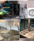 Collage showing 20 Size Steel Disc Cutter Set for Jewelry Making in metal workshop, close-ups of cutting process, and precision circle cutting