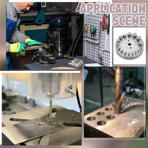 Collage showing 20 Size Steel Disc Cutter Set for Jewelry Making in metal workshop, close-ups of cutting process, and precision circle cutting