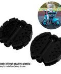 Two Piece Plastic Kids Pedals Set For Tricycles And Bikes Black Non Slip Foot Pedals shown next to child riding tricycle