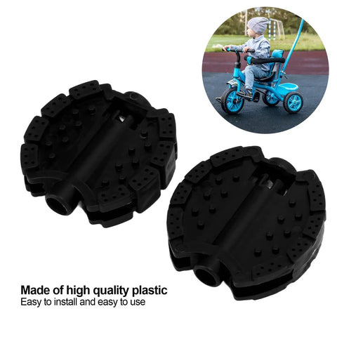 Two Piece Plastic Kids Pedals Set For Tricycles And Bikes Black Non Slip Foot Pedals shown next to child riding tricycle