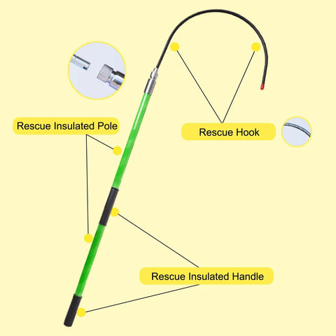 Pro-Grade High Voltage Insulated Rescue Hook with epoxy ball insulation and green fiberglass handle for electricians