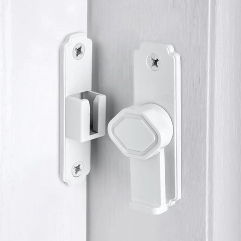 Heavy Duty White Sliding Barn Door Latch Featuring Precision 90 Degree Right Angle Lock And Quick Snap On Mount for secure wood door use.