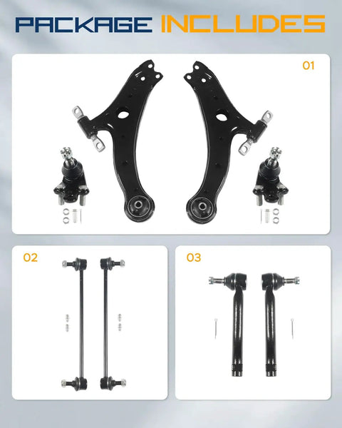 Camry Front Suspension Control Arm Kit For 2012 2017 Eight Piece Front Lower Control Arms And Ball Joints Assembly Direct Fit For Easy Install Quiet Ride And Reliable Handling, control arms and tie rods laid out