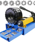 Heavy Duty 1 Inch Hydraulic Hose Crimper With 7 Die Set For Auto Shop Built Tough Forged Steel and chrome locks on a blue machine.
