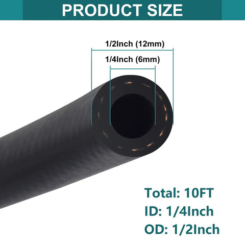 1/4 Inch ID Fuel Line Hose 10 Ft Marine Grade High Pressure 300 PSI With 10 Hose Clamps cross-section view showing dimensions