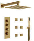 EVERSTEIN 12" Rainfall Shower System with Handheld Spray, Brushed Gold, featuring overhead and body jets.