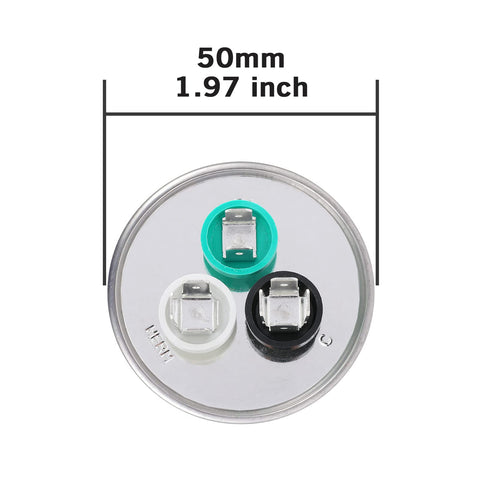 Top view of 35/5 MFD Dual Run Start Capacitor 370V/440V CBB65, showing terminal layout and 50mm diameter.