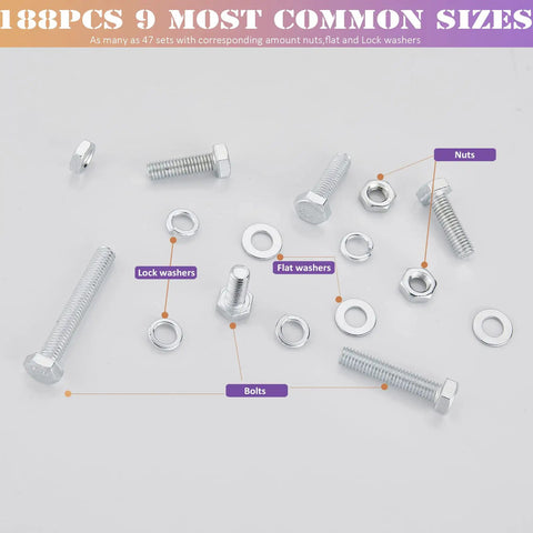 All In One Heavy Duty M6 M8 M10 Nuts Bolts Set With Washers Nine Most Common Sizes 188 Piece Hex Machine Screws Zinc Alloy Steel