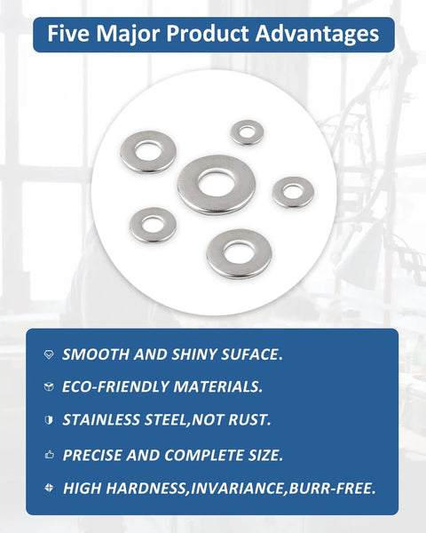Flat washers, 304 stainless steel, 7/16 in outer diameter, 6 washers shown