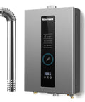 Premium Propane Tankless Water Heater Delivers Rock Solid 3.6 Gpm Instant Hot Water For Family Showers And Kitchens With Dependable Eighty Six Thousand Btu Output All Day mounted on wall with display and exhaust pipe.