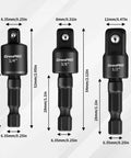 GRENPRO drill bit extension heads: front view of 1/4", 3/8", and 1/2" right-angle attachments.