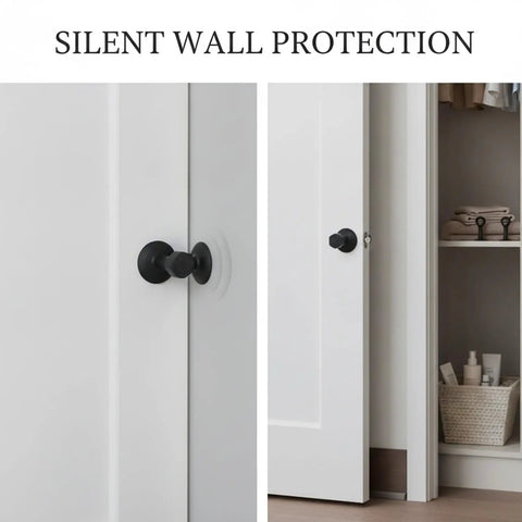 Easy Install No Drill Silicone Door Stopper Bumpers With Soft Cushions on an interior door preventing wall dents, 3 Pack shown.