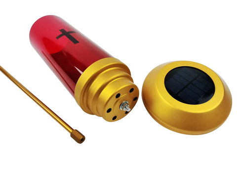 Solar Cross Cemetery Candle Holder And Lamp 26 Inch Ground Spike Graveside Light disassembled with red and gold components
