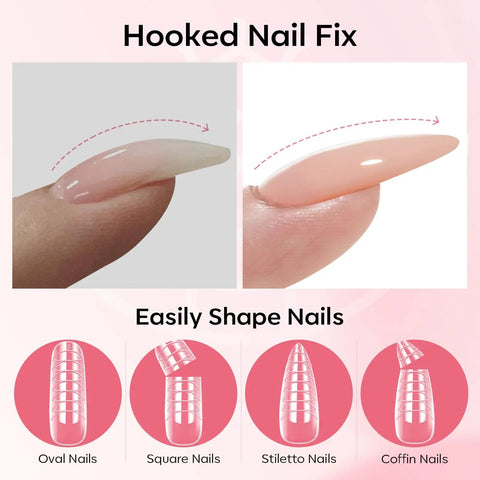 Diagram of Pro Grade Poly Gel Nail Kit With 3 Colors Clear White Apricot Slip Solution 24 Nail Forms Base Coat Top Coat Extension Builder Gel For Salon Quality DIY Nails At Home Nail Art Supplies For Home And Studio Use showing nail shape correction and options for oval, square, stiletto, and coffin nails.