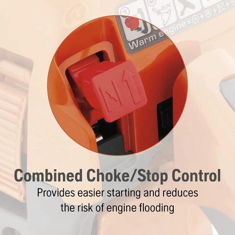 Close-up of choke control feature on Gas Chainsaw With 40cc 2 HP 2 Cycle X Torq Engine And 16 Inch Bar Lightweight Easy Start
