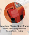 Close-up of 18 Inch Gas Chainsaw With Smart Start And Inertia Chain Brake, 40cc 2.4 HP choke control with detailed labels