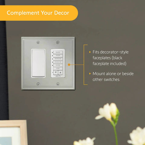 DecoFlex Wirefree RTS 5 Channel Wall Switch With Battery Pre Installed White Finish with button labels and mounting shown