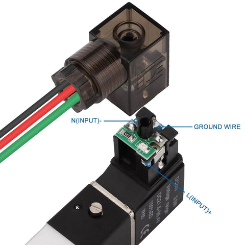 DIY Friendly 5 Way 2 Position Pneumatic Solenoid Valve With DC 24V Actuation, showing wiring connections for installation.