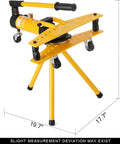 Mechanical and Manual Hydraulic Pipe Bender for 13mm to 34mm Pipes with Die Set, yellow frame and hand lever on stands.
