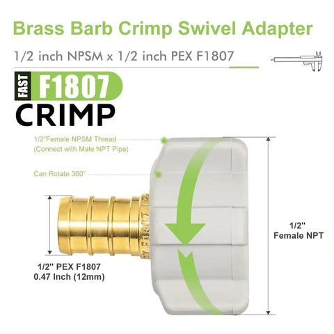 Ten Pack PEX Swivel Adapter Fittings One Half Inch Female NPT Brass Lead Free Full Port Barbed For PEX Plumbing NSF ANSI 61 Certified ASTM F1807 For Home And Commercial Plumbing Pro Grade DIY Friendly, 1/2 in PEX to 1/2 in female NPT swivel