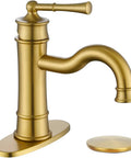Brushed Gold Bathroom Sink Faucet With Single Hole Deck Mount, Pop Up Drain, Overflow, Deck Plate, Solid Brass Classic Arc Design