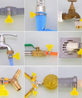 Stainless steel adjustable hose clamps on various pipes and faucets demonstrating versatility in plumbing and mechanical use.