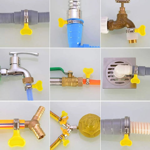 Stainless steel adjustable hose clamps on various pipes and faucets demonstrating versatility in plumbing and mechanical use.