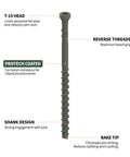 Edge Deck Screws For Hidden Fastening One And Seven Eighths Inch ProTech Coated 1750 Count Built For Pressure Treated Lumber Hardwood Cedar And Composite Decks Angled Installations with labeled features.