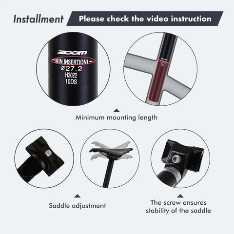 Lightweight Aluminum Bike Seatpost For MTB Road And Gravel Bikes No Brainer Upgrade fits 25.4mm to 31.6mm shown in installation guide