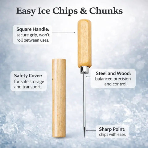 Heavy Duty Ice Pick With Safety Cover, Solid Steel Construction And Wood Handle, with square handle and sharp point