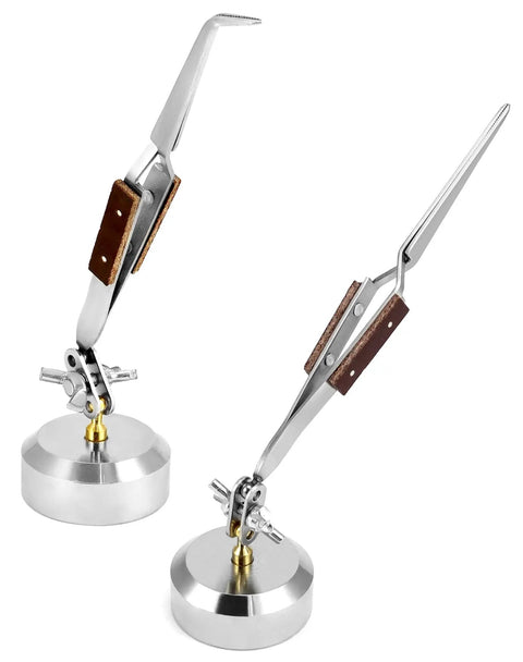 Two Pack Third Hand Tweezers With Straight And Curved Tips, Cross-Locking Clamps And 360 Degree Rotating Base on white background