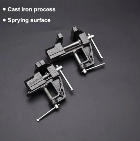 Two 2 Inch Mini Bench Vise Beefy Heavy Duty Table Clamps with 1.20 Inch Jaw Width displayed on a dark surface