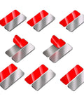 Eight Pack Ultra Thin Magnetic Cabinet Door Catches With Strong Hold, Adhesive Mount, Stainless Steel, Super Slim Drawer Magnets To Stay Closed, Easy Install For Cabinets And Cupboards. Image shows side view of stainless steel catches with adhesive backing.