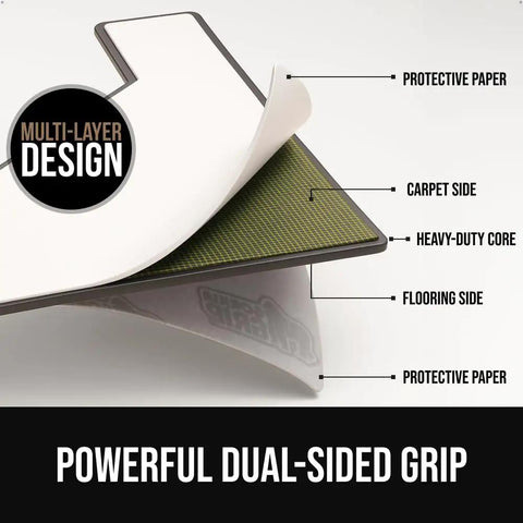 Extra Wide Dual Sided Rug Gripper Pads For Hardwood Floors And Tile Holds Rugs In Place No Slip Removable Corner Grippers Universal Fit Under Area Rugs Four Pack multi-layer design showing carpet and flooring sides.