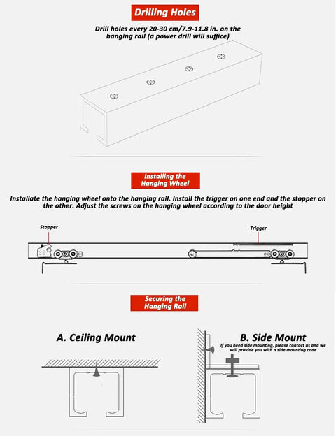 Installation guide for Heavy Duty Aluminum Pocket Door Hardware Kit With Quiet Rollers, ceiling and side mount instructions.