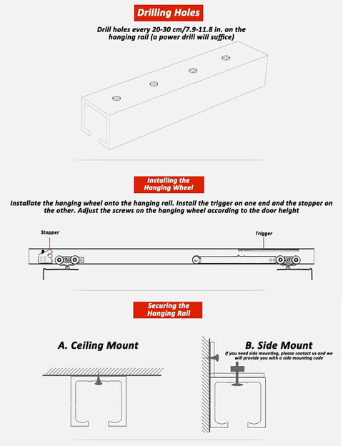 Heavy Duty Aluminum Barn Door Hardware Kit With Silent Ball Bearings And Smooth Gliding Rails For Wooden Walls That Boosts Storage And Looks Totally On Point installation guide showing drilling holes, hanging wheel, and mounting options.