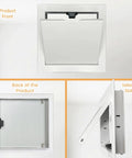 Heavy Duty Drywall Access Panel 14 By 14 Inch Wall Hole Cover White galvanized steel front, back and side views with latch.