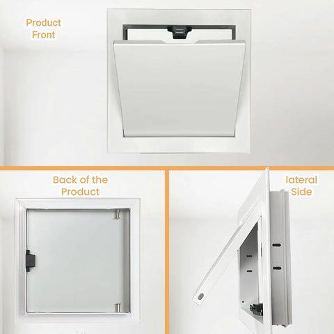 Heavy Duty Drywall Access Panel 14 By 14 Inch Wall Hole Cover White galvanized steel front, back and side views with latch.