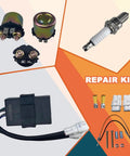 Bayou 300 Ignition Coil Kit With CDI Box Voltage Regulator Rectifier Starter Solenoid Relay And Spark Plug For KLF300B C 1989 to 2004 Bayou 300 ATV Power Up Upgrade parts displayed.