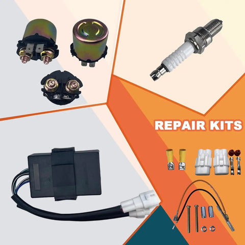 Bayou 300 Ignition Coil Kit With CDI Box Voltage Regulator Rectifier Starter Solenoid Relay And Spark Plug For KLF300B C 1989 to 2004 Bayou 300 ATV Power Up Upgrade parts displayed.