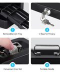 Removable tray, key lock, coin slot, and steel handle features of Compact Cash Box With Slot And Key Lock Portable Metal Money Safe
