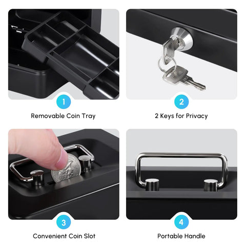 Removable tray, key lock, coin slot, and steel handle features of Compact Cash Box With Slot And Key Lock Portable Metal Money Safe