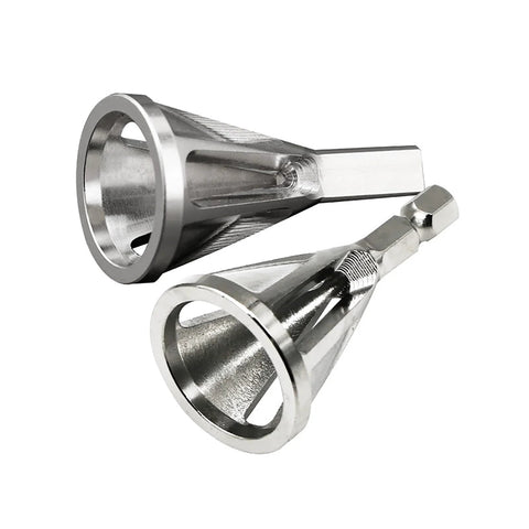 Deburring chamfer tool heads with hex shank, chrome finish for metal, plastic, wood, angled view