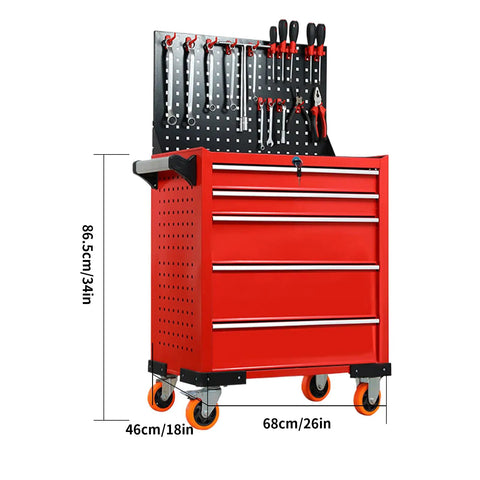 Rolling Tool Cabinet With Lock For Workshop And Garage, Five Drawer Garage Chest On Wheels For Mobile Tool Storage, Heavy Duty Organizer For Warehouse And Shop, Durable Cold Rolled Steel Body In Red, 68x46x86.5 cm