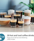 Premium Fully Automatic Espresso Maker With LatteGo Milk Frother And 20 Drink Recipes featuring various hot and iced coffee drinks