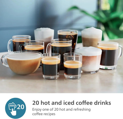 Premium Fully Automatic Espresso Maker With LatteGo Milk Frother And 20 Drink Recipes featuring various hot and iced coffee drinks