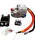Universal 18CC 12V DC Electric Parking Air Conditioner Compressor for Trucks Buses Vans And Rvs with wiring and mounting hardware.